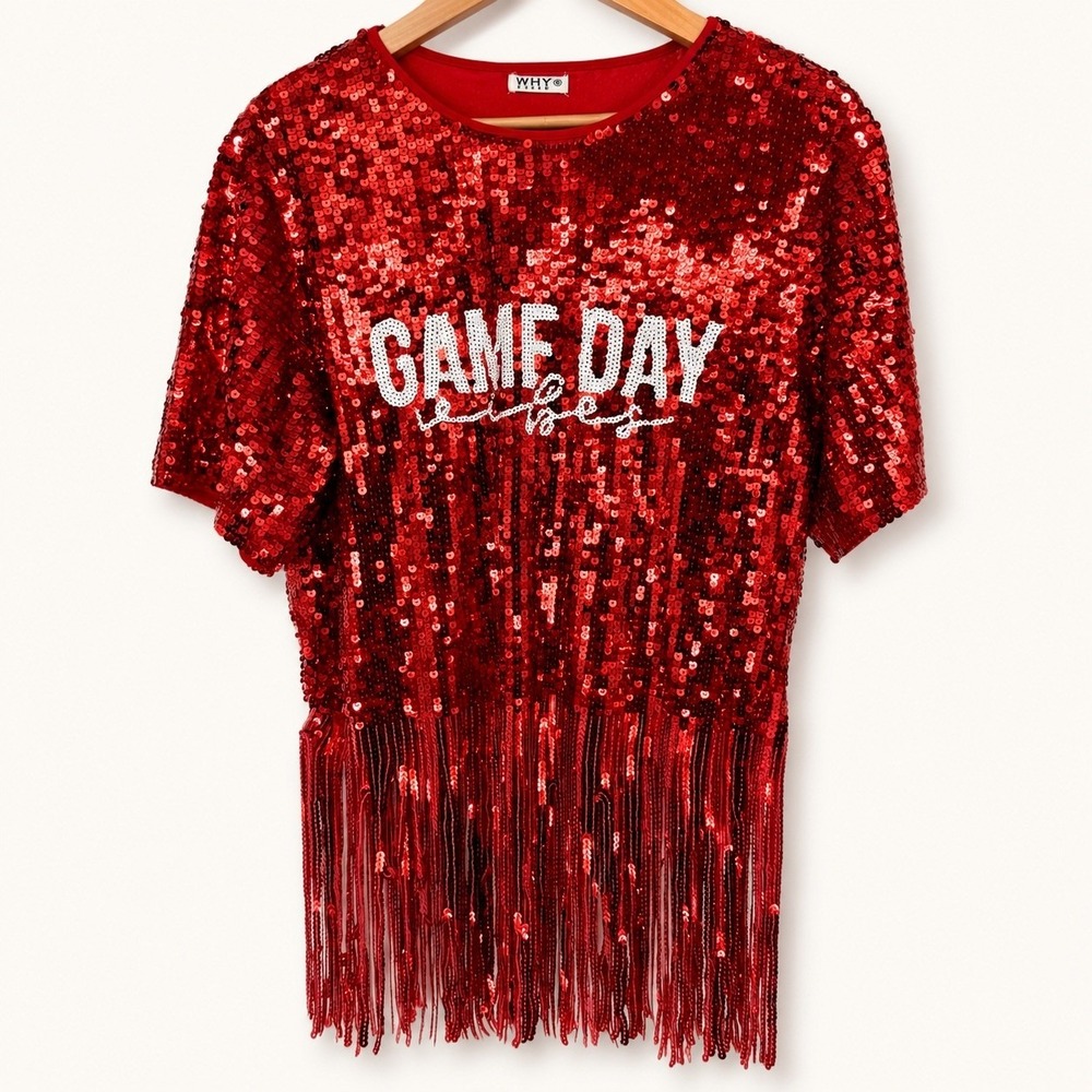 WHY Dress Women L Shirt Red Sequin Game Day Vibes Fringe Glam Max Team Spirit